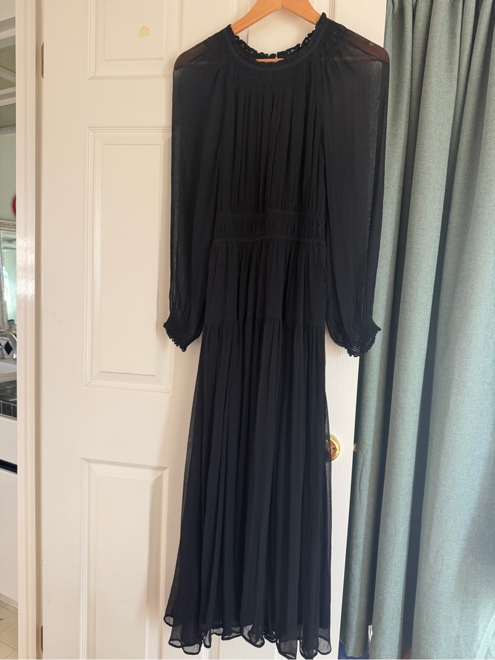 J. Crew Black Sheer Long Sleeve Maxi Dress with Smocked Waist